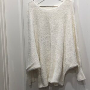 Cozy White Women's Sweater, gentle worn swoop neck can be worn as an oversized